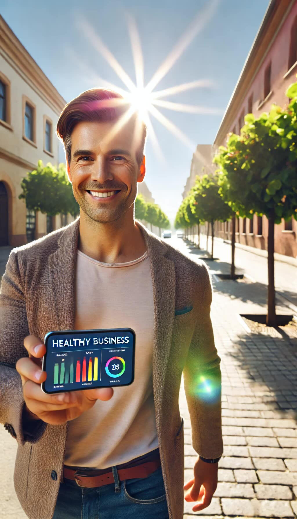 Healthy Business Happy business owner walking outside on a sunny day, checking phone to see their automated business running smoothly